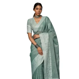 Women's Linen Printed Saree With Unstitched Blouse 5.5Mtr (Sea Green)