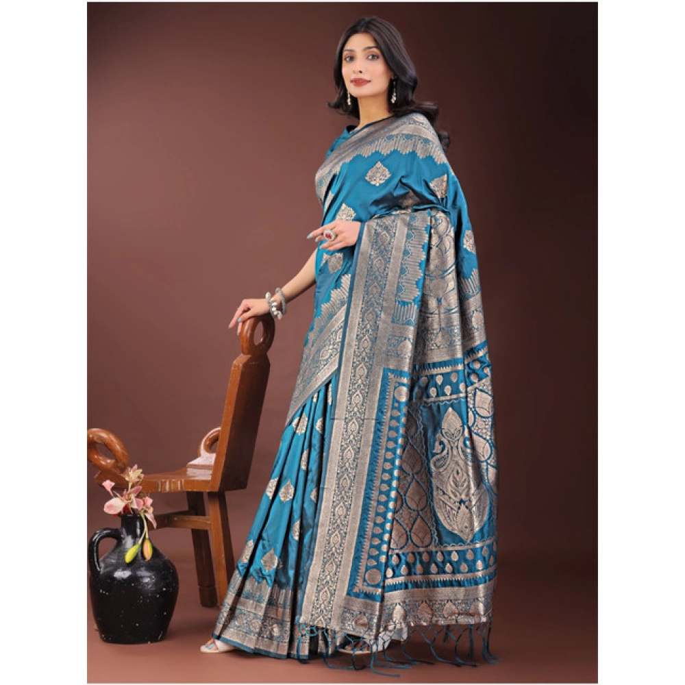 Women's Silk Printed Saree With Unstitched Blouse 5.5Mtr (Teal) - Image 4