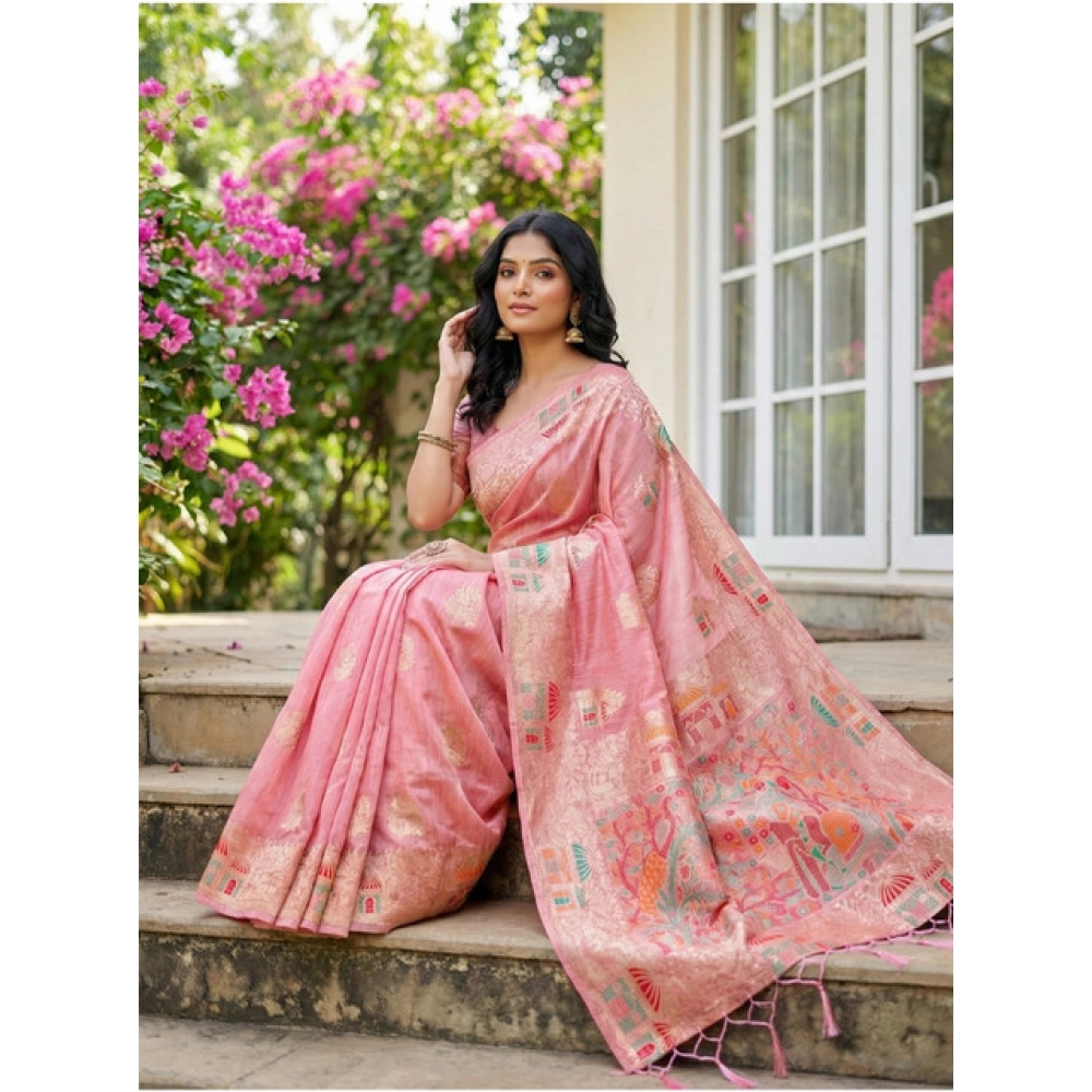 Women's Linen Cotton Printed Saree With Unstitched Blouse 5.5Mtr (Pink) - Image 4