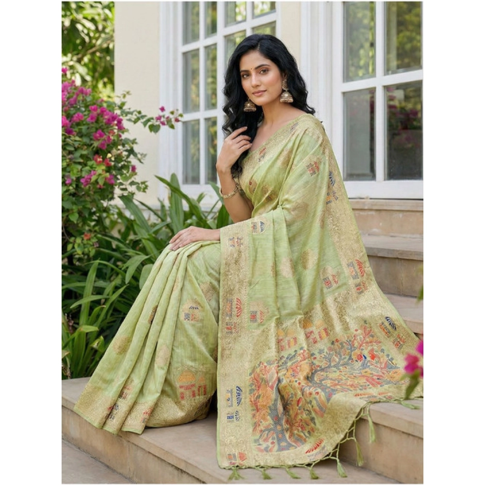 Women's Linen Cotton Printed Saree With Unstitched Blouse 5.5Mtr (Light Green) - Image 3