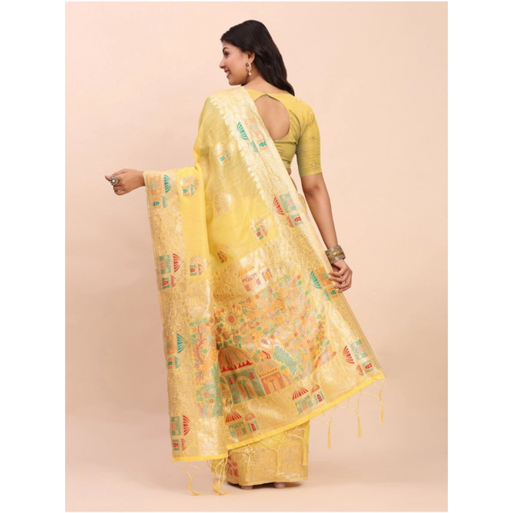 Women's Linen Cotton Printed Saree With Unstitched Blouse 5.5Mtr (Yellow) - Image 2