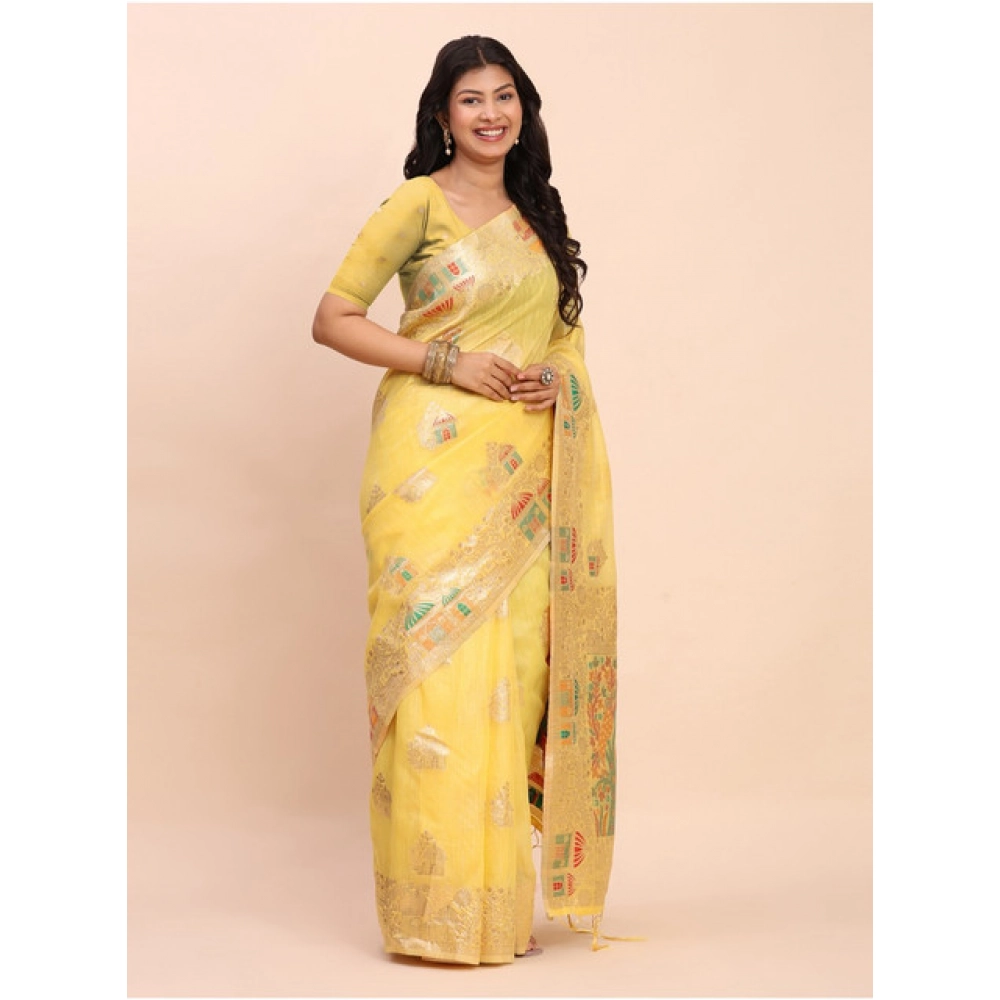 Women's Linen Cotton Printed Saree With Unstitched Blouse 5.5Mtr (Yellow) - Image 4