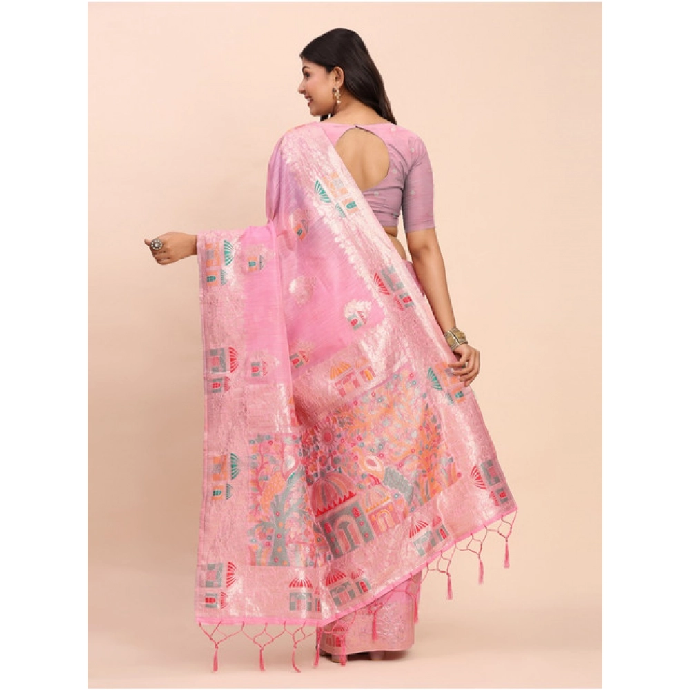 Women's Linen Cotton Printed Saree With Unstitched Blouse 5.5Mtr (Pink) - Image 2