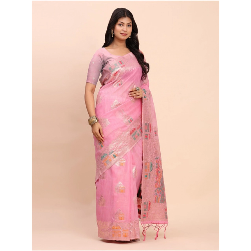 Women's Linen Cotton Printed Saree With Unstitched Blouse 5.5Mtr (Pink) - Image 4