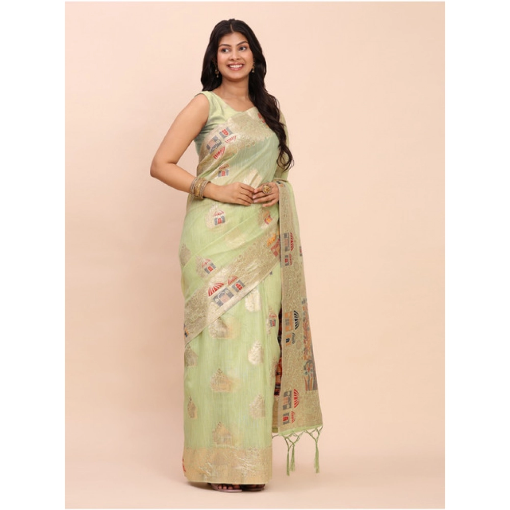 Women's Linen Cotton Printed Saree With Unstitched Blouse 5.5Mtr (Light Green) - Image 4