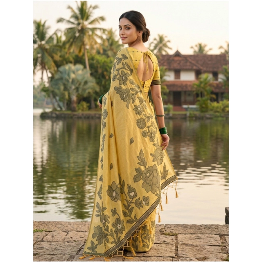 Women's Linen Cotton Printed Saree With Unstitched Blouse 5.5Mtr (Yellow) - Image 2