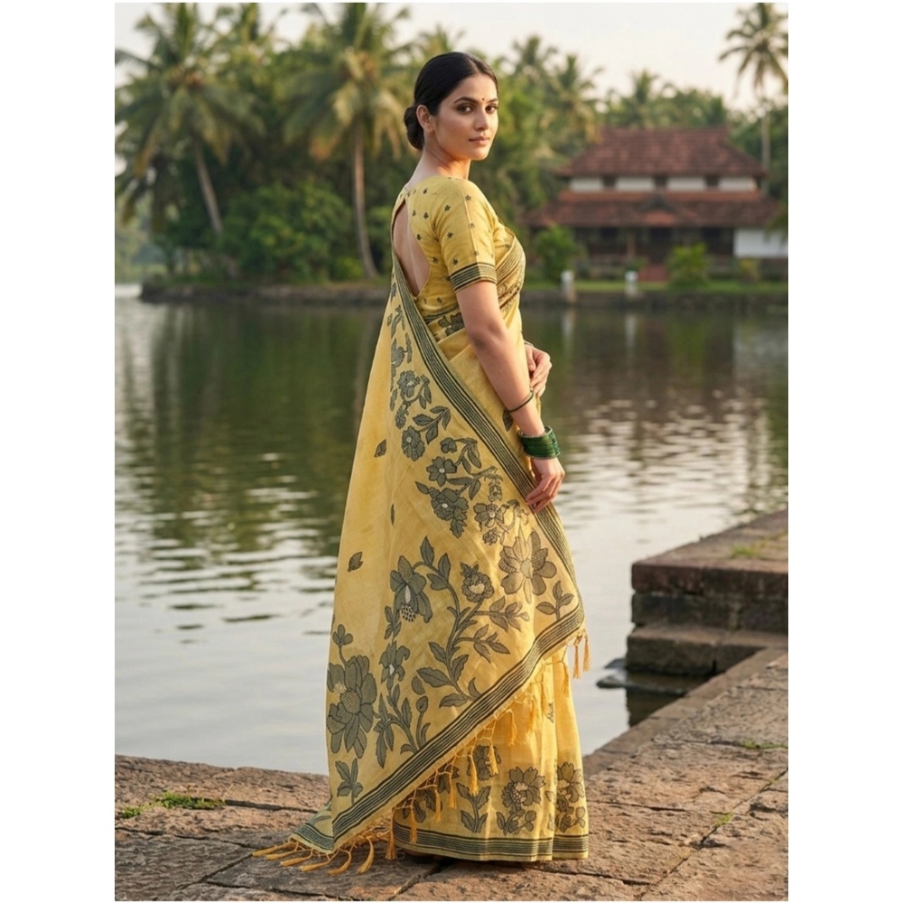 Women's Linen Cotton Printed Saree With Unstitched Blouse 5.5Mtr (Yellow) - Image 3