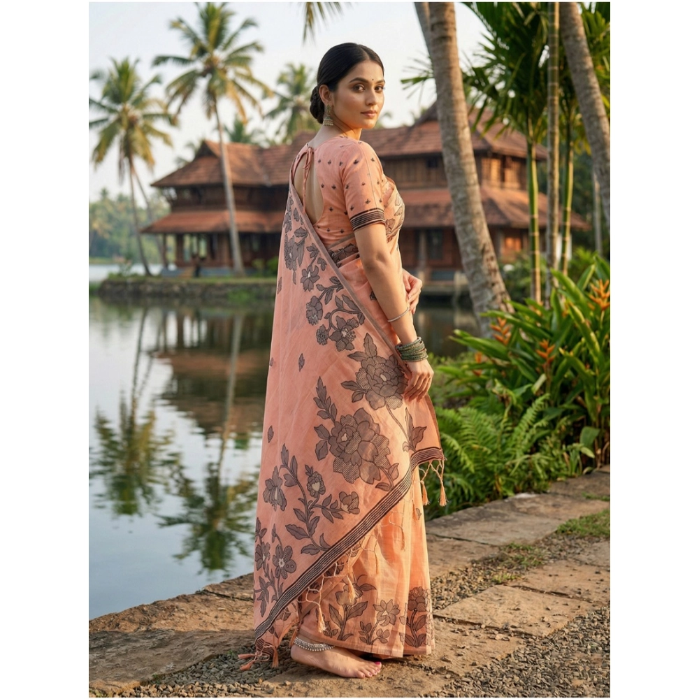 Women's Linen Cotton Printed Saree With Unstitched Blouse 5.5Mtr (Orange) - Image 3