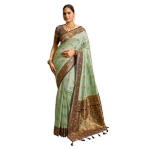 Women's Silk Blend Booti Work Ready to wear Saree With Unstitched Blouse 5.5Mtr (SeaGreen)