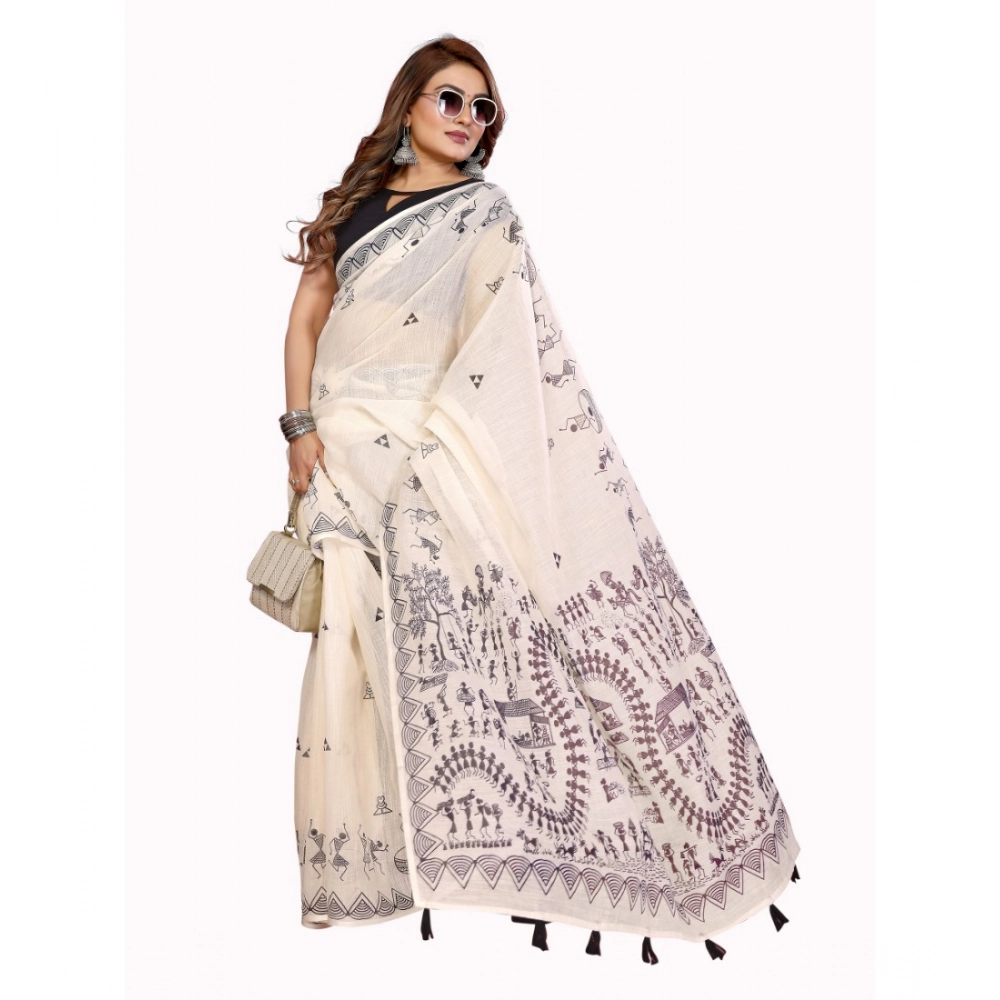 Women's Linen Cotton Printed Saree With Unstitched Blouse 5.5Mtr (Off White) - Image 4