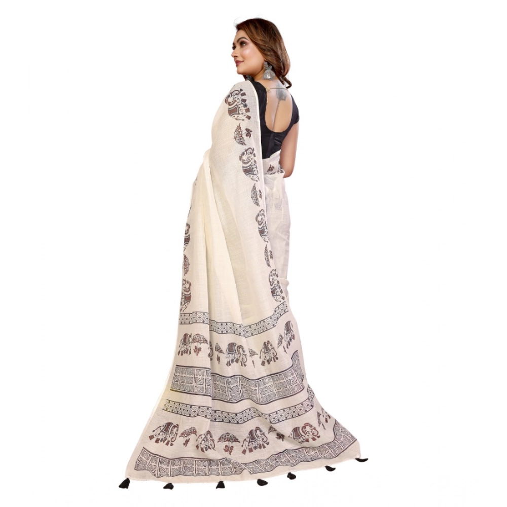 Women's Linen Cotton Printed Saree With Unstitched Blouse 5.5Mtr (Off White) - Image 3