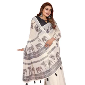Women's Linen Cotton Printed Saree With Unstitched Blouse 5.5Mtr (Off White)