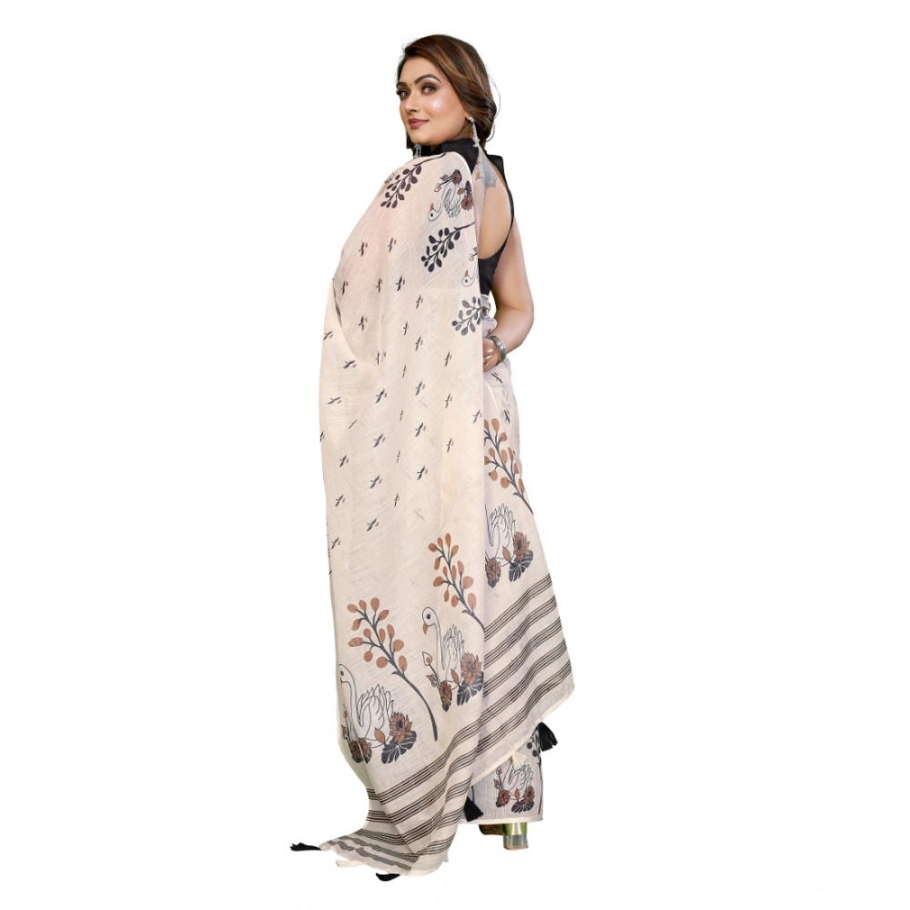 Women's Linen Cotton Printed Saree With Unstitched Blouse 5.5Mtr (Off White) - Image 3