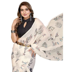 Women's Linen Cotton Printed Saree With Unstitched Blouse 5.5Mtr (Off White)