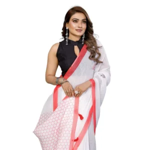 Women's Linen Cotton Printed Saree With Unstitched Blouse 5.5Mtr (White)