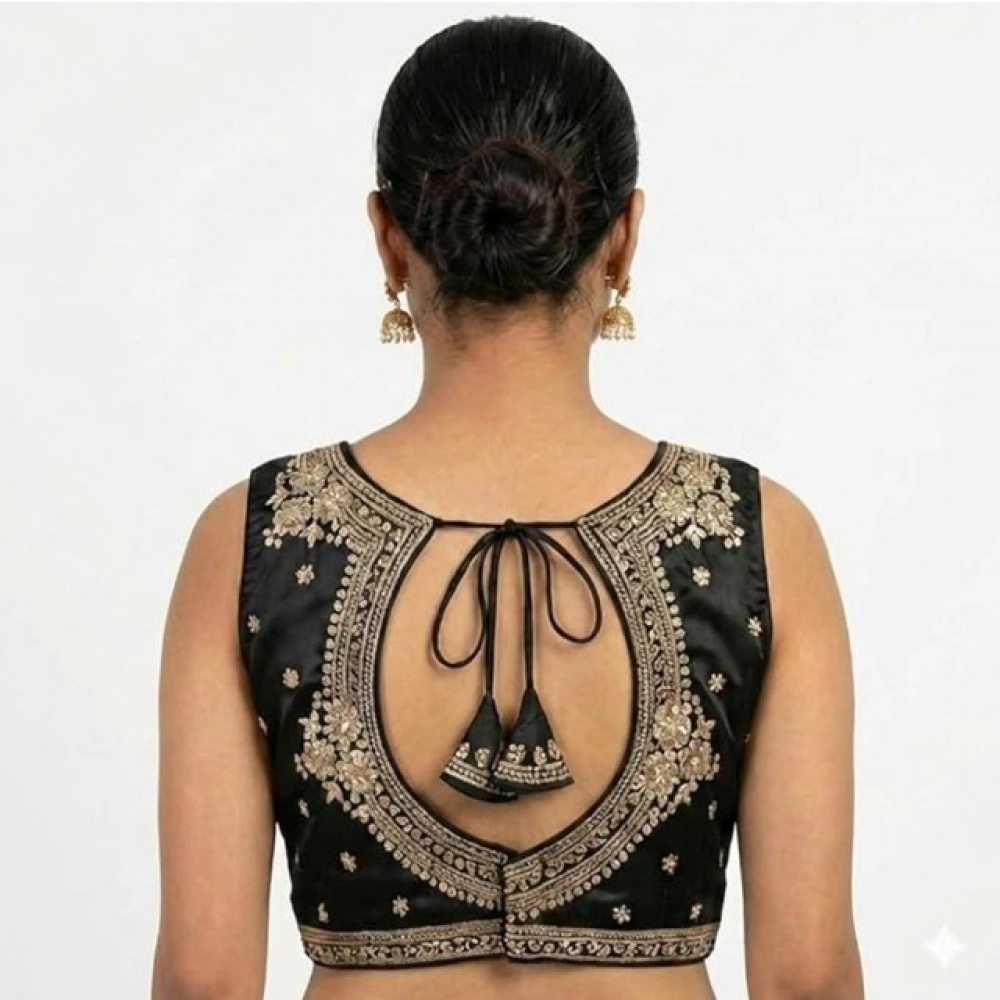 Women's Silk Embroidered V-Neck Sleeveless Readymade Padded Blouse (Black, Size 38) - Image 3