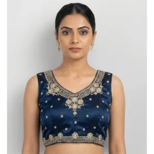 Women's Silk Embroidered V-Neck Sleeveless Readymade Padded Blouse (Blue, Size 38)