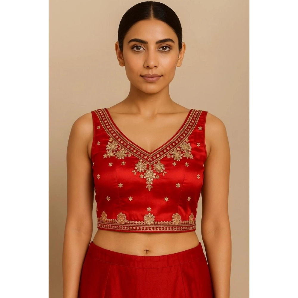 Women's Silk Embroidered V-Neck Sleeveless Readymade Padded Blouse (Red, Size 38)