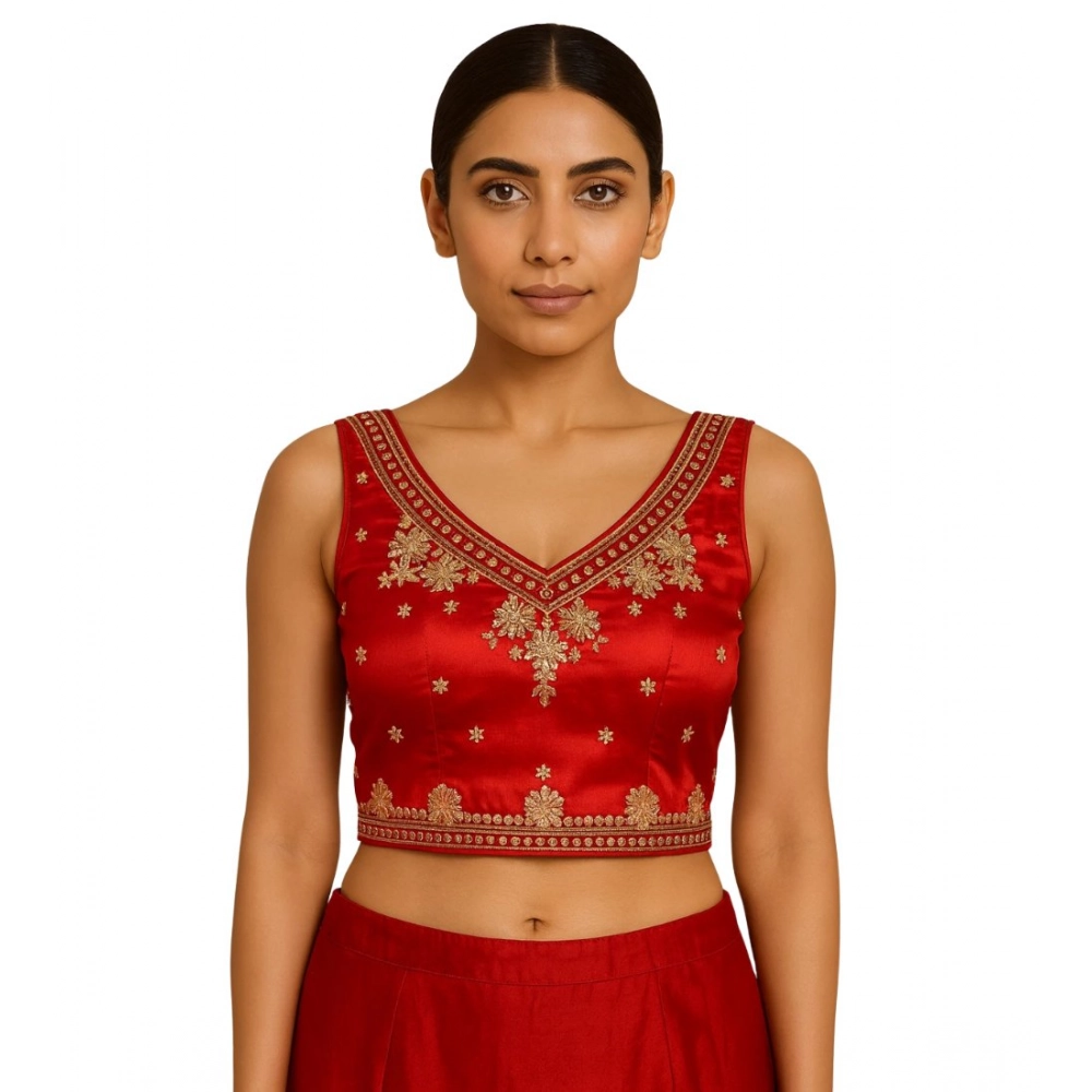 Women's Silk Embroidered V-Neck Sleeveless Readymade Padded Blouse (Red, Size 38) - Image 2