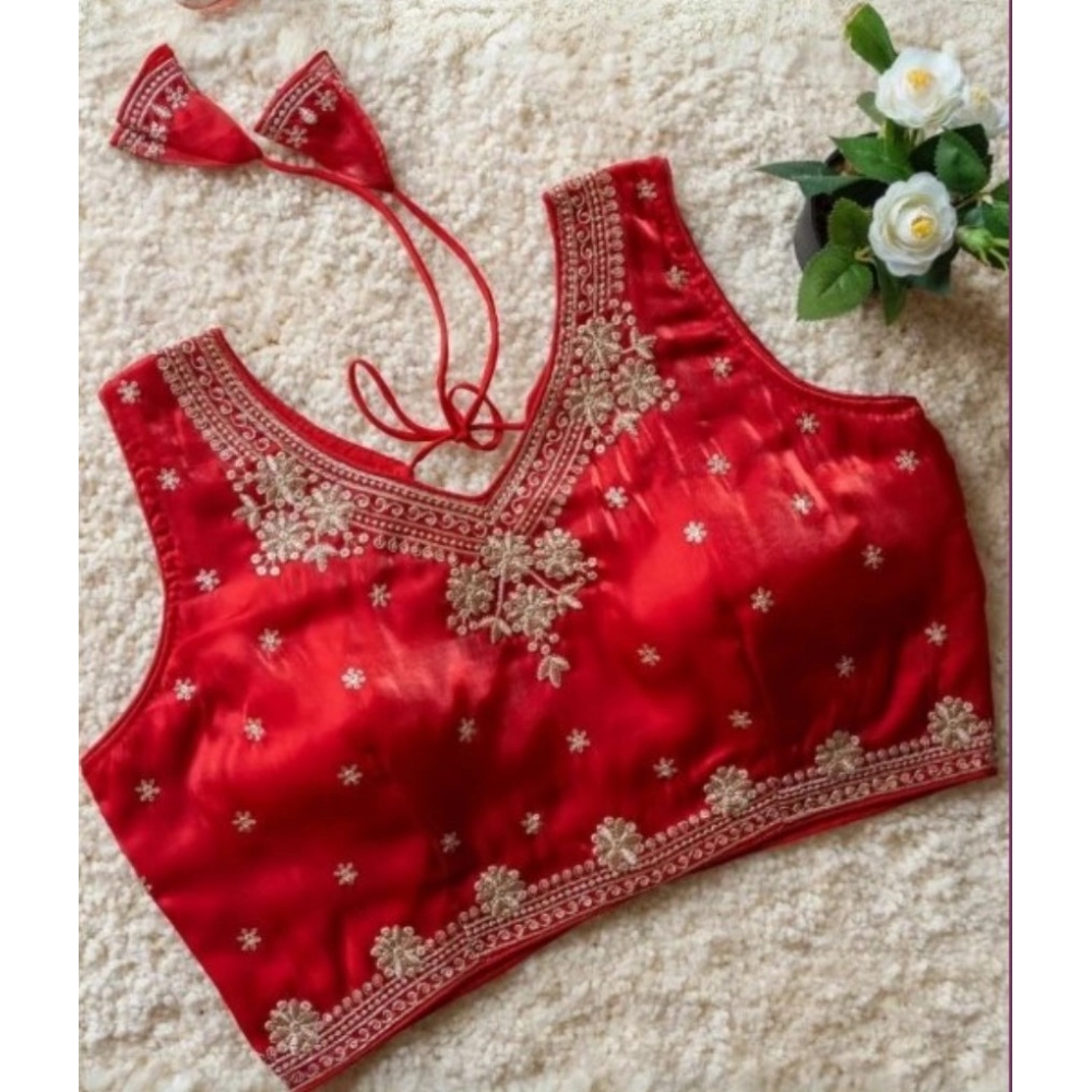 Women's Silk Embroidered V-Neck Sleeveless Readymade Padded Blouse (Red, Size 38) - Image 3