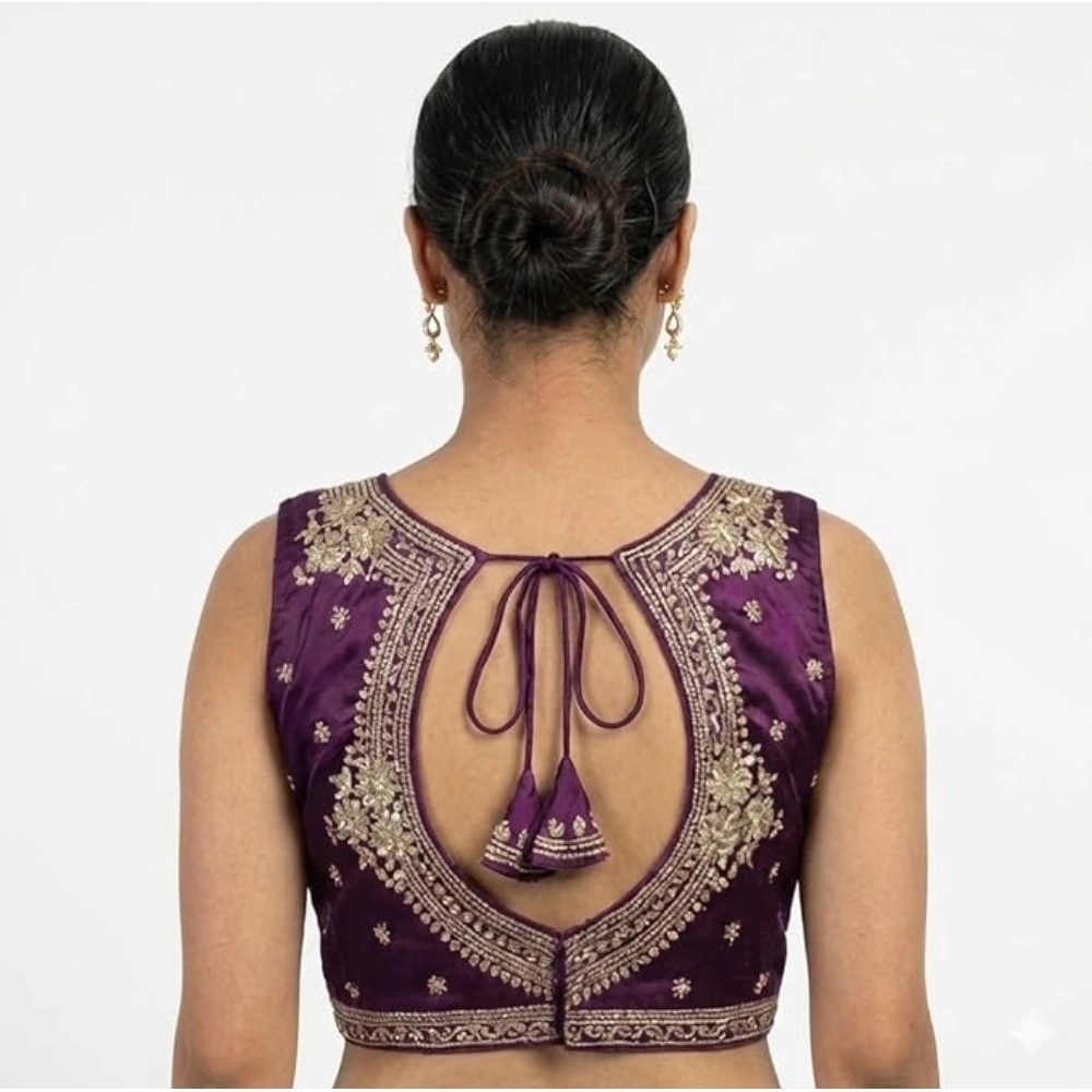 Women's Silk Embroidered V-Neck Sleeveless Readymade Padded Blouse (Wine, Size 38) - Image 3