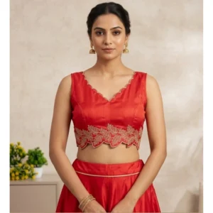 Women's Silk Embroidered Sweetheart Neck Sleeveless Readymade Padded Blouse (Red, Size 38)