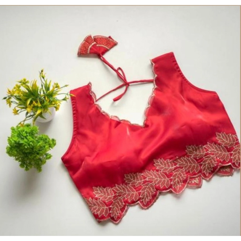 Women's Silk Embroidered Sweetheart Neck Sleeveless Readymade Padded Blouse (Red, Size 38) - Image 3