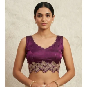 Women's Silk Embroidered Sweetheart Neck Sleeveless Readymade Padded Blouse (Wine, Size 38)