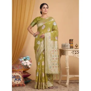 Women's Linen Cotton Printed Saree With Unstitched Blouse 5.5Mtr (Mustard)