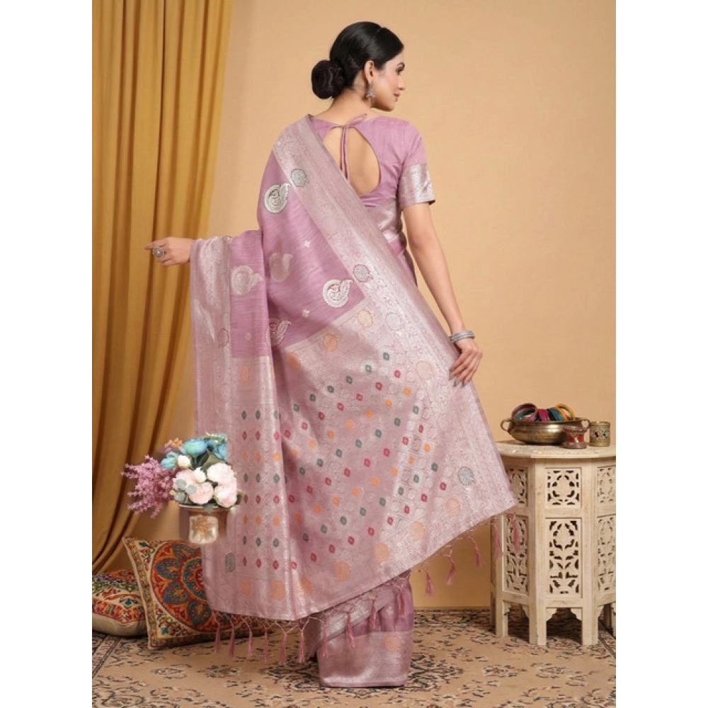 Women's Linen Cotton Printed Saree With Unstitched Blouse 5.5Mtr (Purple) - Image 3