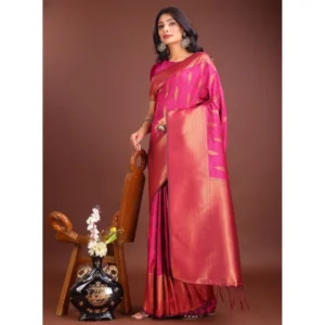 Women's Banarasi Silk Printed Saree With Unstitched Blouse 5.5Mtr (Magenta)