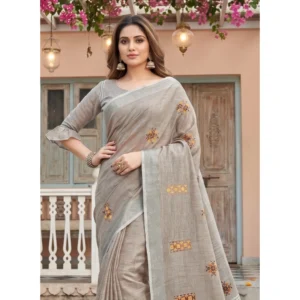 Women's Linen Embroidered Saree With Unstitched Blouse 5.5Mtr (Light Beige)