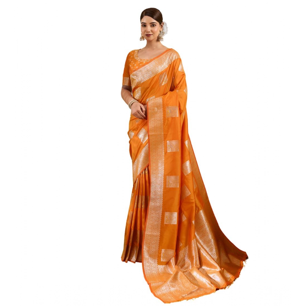 Women's Silk Blend Printed Saree With Unstitched Blouse 5.5Mtr (Orange) - Image 2