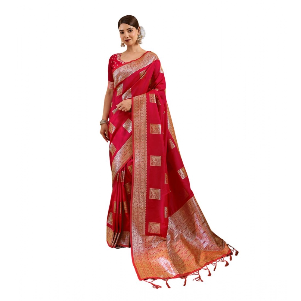 Women's Silk Blend Printed Saree With Unstitched Blouse 5.5Mtr (Red) - Image 2