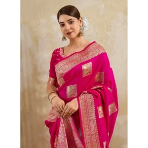 Women's Silk Blend Printed Saree With Unstitched Blouse 5.5Mtr (Magenta)