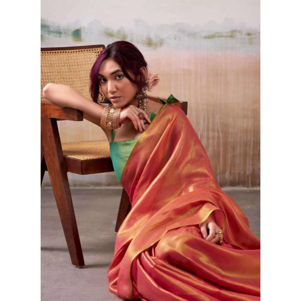 Women's Tissue Silk Solid Saree Peach