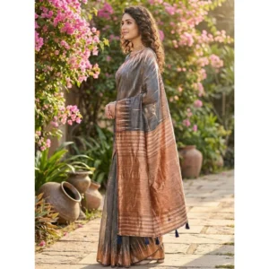 Women's Linen Cotton Printed Saree With Unstitched Blouse 5.5Mtr (Grey)