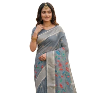 Women's Linen Cotton Floral Embroidered Saree With Unstitched Blouse 5.5Mtr (Gray)