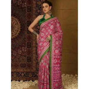 Women's Crepe Printed Saree With Unstitched Blouse 5.5Mtr (Pink)