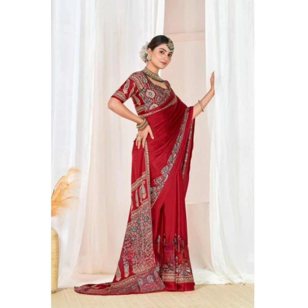 Women's Crepe Printed Saree With Unstitched Blouse 5.5Mtr (Maroon) - Image 3