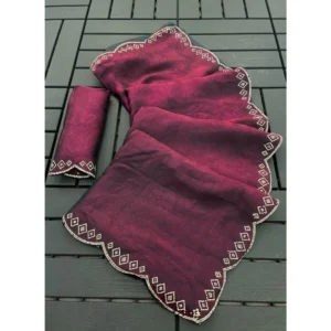 Women's Satin Embellished Saree With Unstitched Blouse 5.5Mtr (Burgundy)
