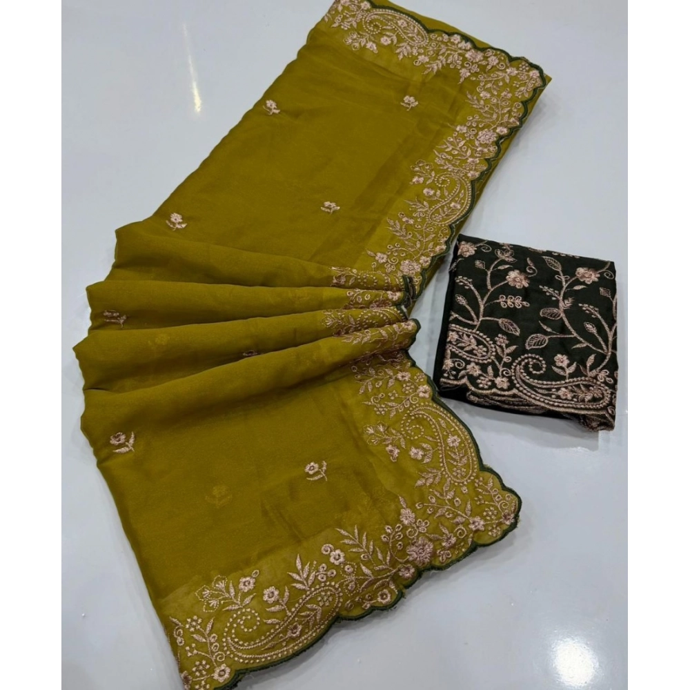 Women's Star Georgette Embroidered Saree With Unstitched Blouse 5.5Mtr (Mustard Yellow) - Image 3