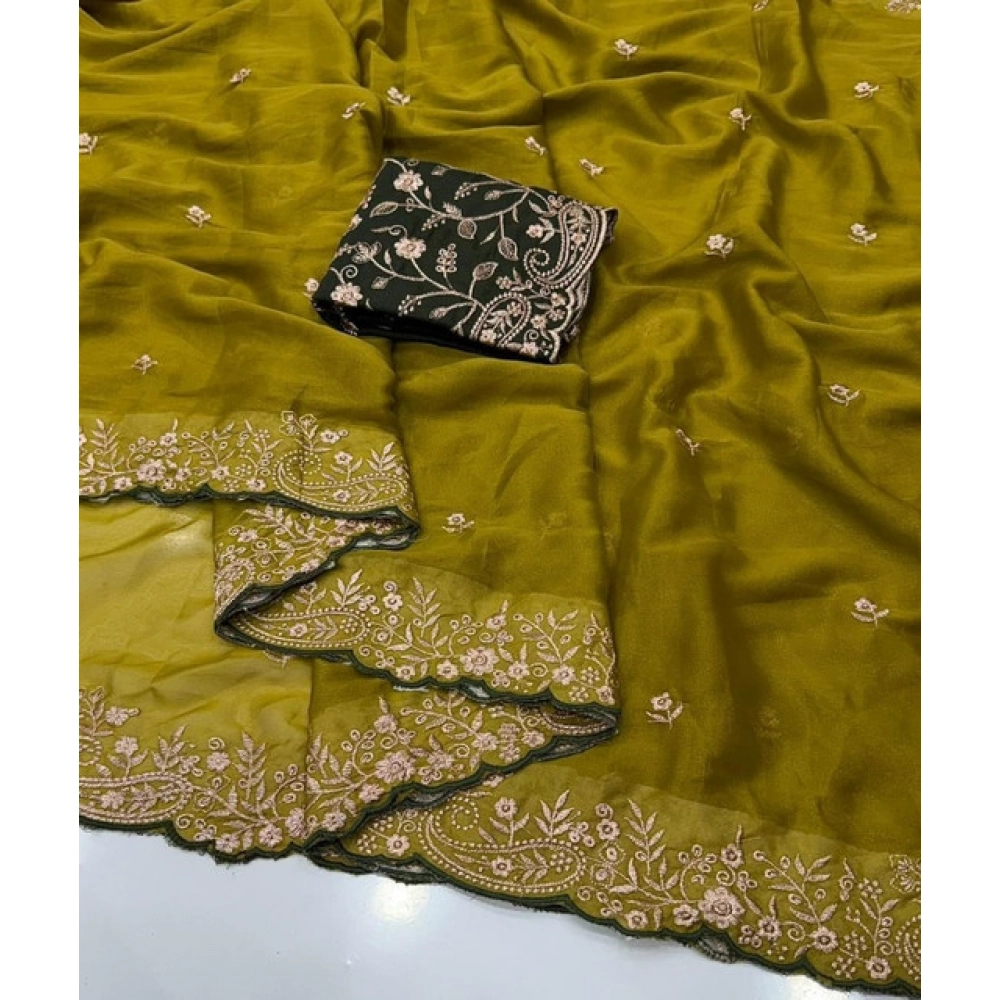 Women's Star Georgette Embroidered Saree With Unstitched Blouse 5.5Mtr (Mustard Yellow) - Image 4