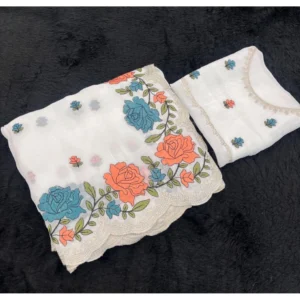 Women's Chiffon Embroidered Saree With Unstitched Blouse 5.5Mtr (White)