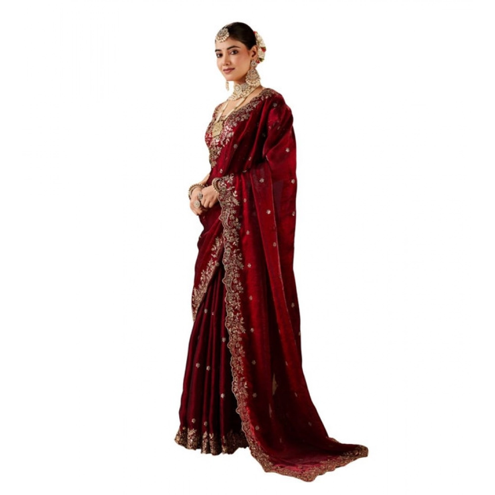 Women's Silk Embroidered Saree With Unstitched Blouse 5.5Mtr (Maroon) - Image 2