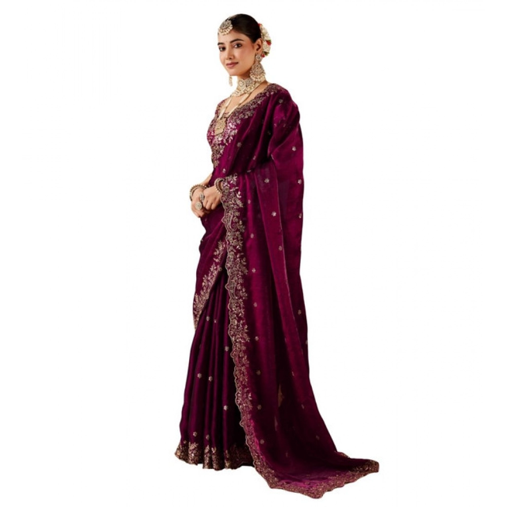 Women's Silk Embroidered Saree With Unstitched Blouse 5.5Mtr (Wine) - Image 2