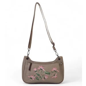 Women's Polyurethane Floral Embroidered Crossbody Sling Bag with Adjustable & Removable Strap (Beige)