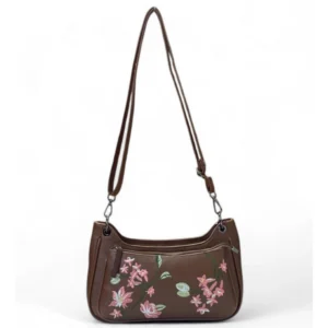 Women's Polyurethane Floral Embroidered Crossbody Sling Bag with Adjustable & Removable Strap (Brown)