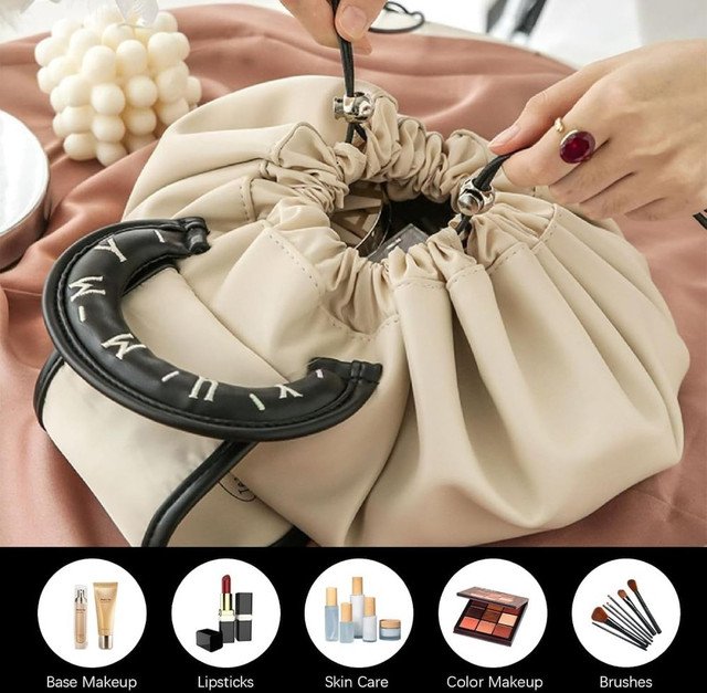 Polyester Lazy Makeup Organizer Bag (Beige-Black) - Image 5