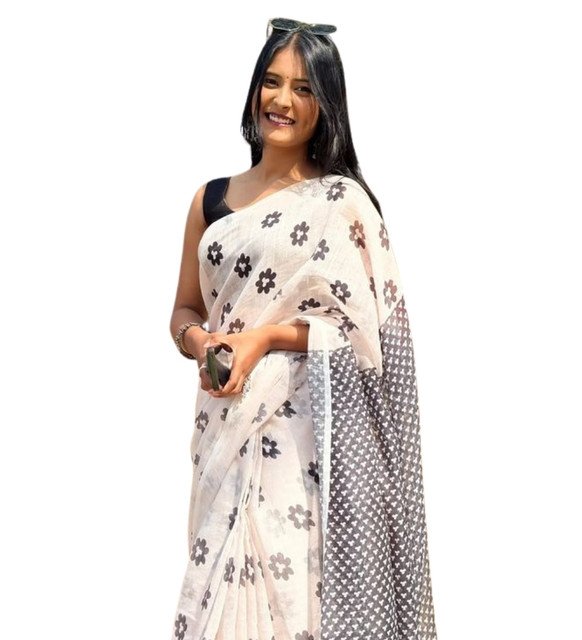 Women's Linen Floral Printed Saree With Unstitched Blouse - 5.5 Mtr (White) - Image 2
